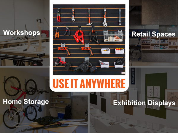 versatile VEVOR slatwall panels for workshops, home storage, retail spaces, and exhibition displays.