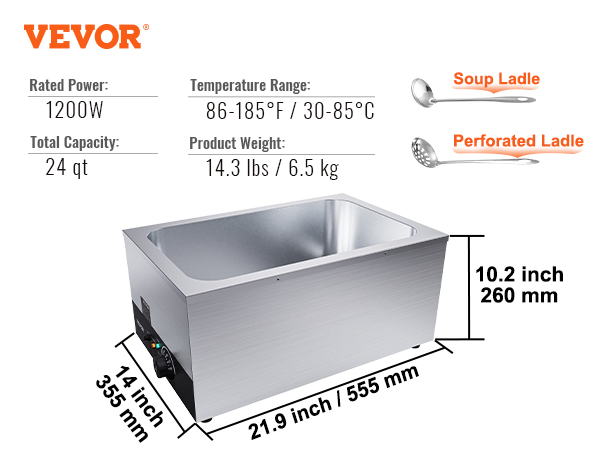 VEVOR commercial food warmer, 1200w, 24 qt capacity, 86-185°f range, dimensions: 21.9x14x10.2 inches.