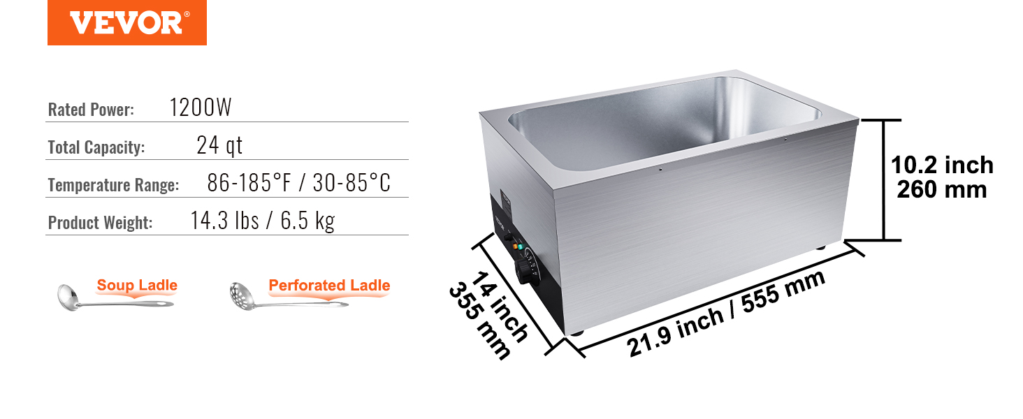 VEVOR commercial food warmer, 1200w, 24 qt capacity, 86-185°f range, dimensions: 21.9x14x10.2 inches.