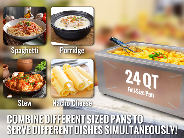 VEVOR commercial food warmer with 24 qt full-size pan, showcasing various dishes like spaghetti, porridge, stew, and nacho cheese.