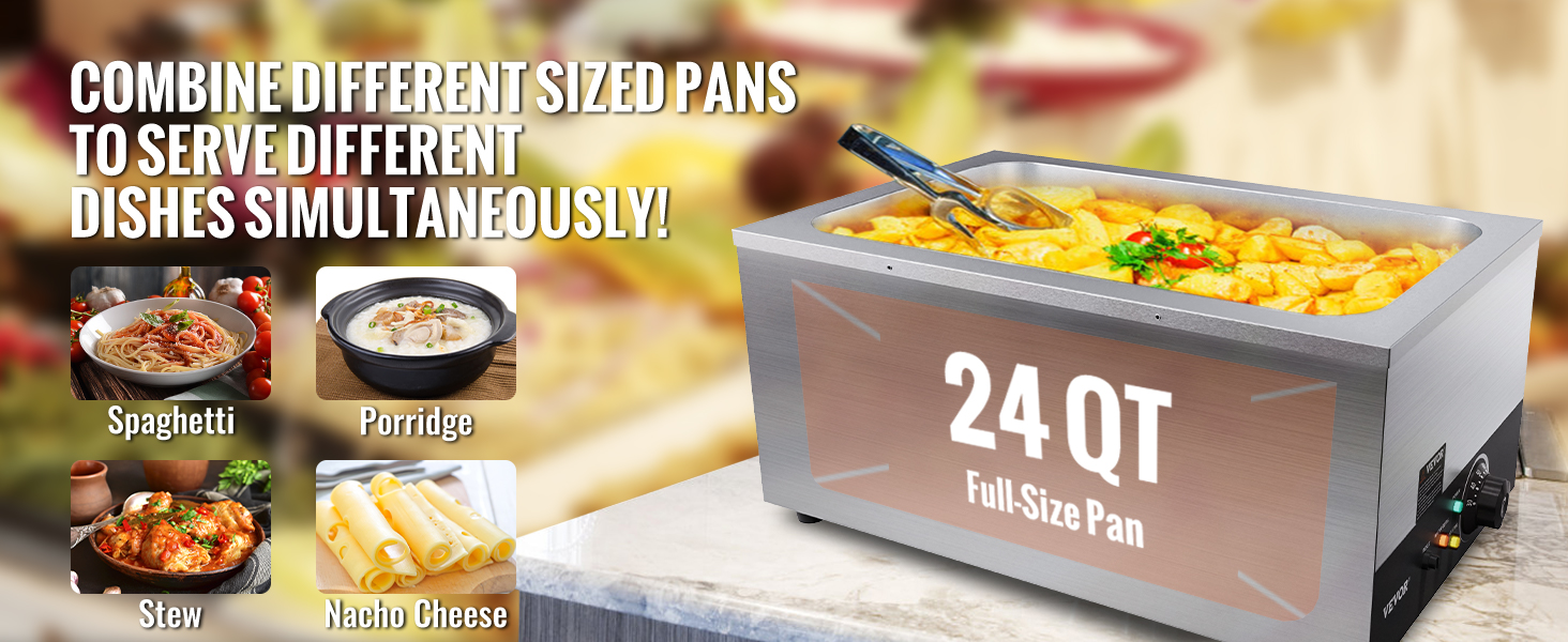 VEVOR commercial food warmer with 24 qt full-size pan, showcasing various dishes like spaghetti, porridge, stew, and nacho cheese.
