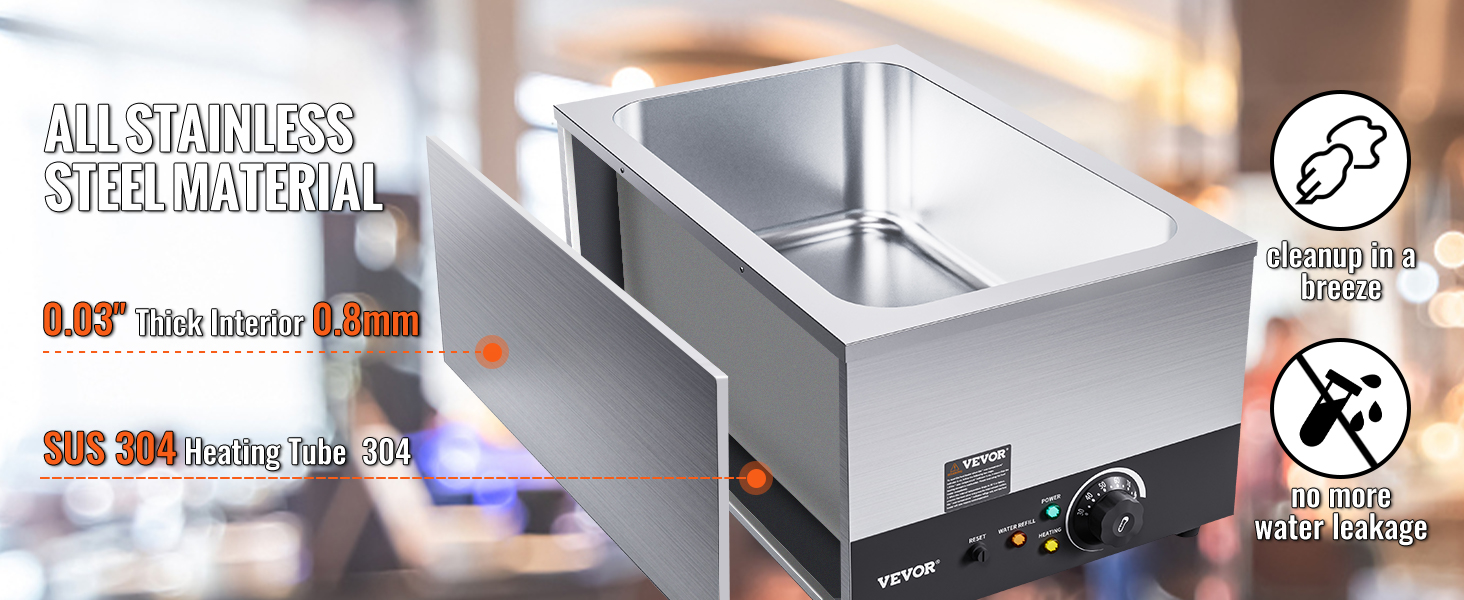 VEVOR commercial food warmer made of stainless steel with sus 304 heating tube, 0.8mm thick interior.