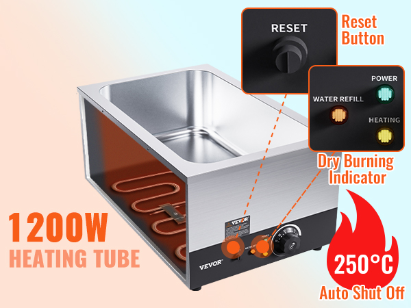 VEVOR commercial food warmer with 1200w heating tube, reset button, dry burning indicator, and auto shut off.