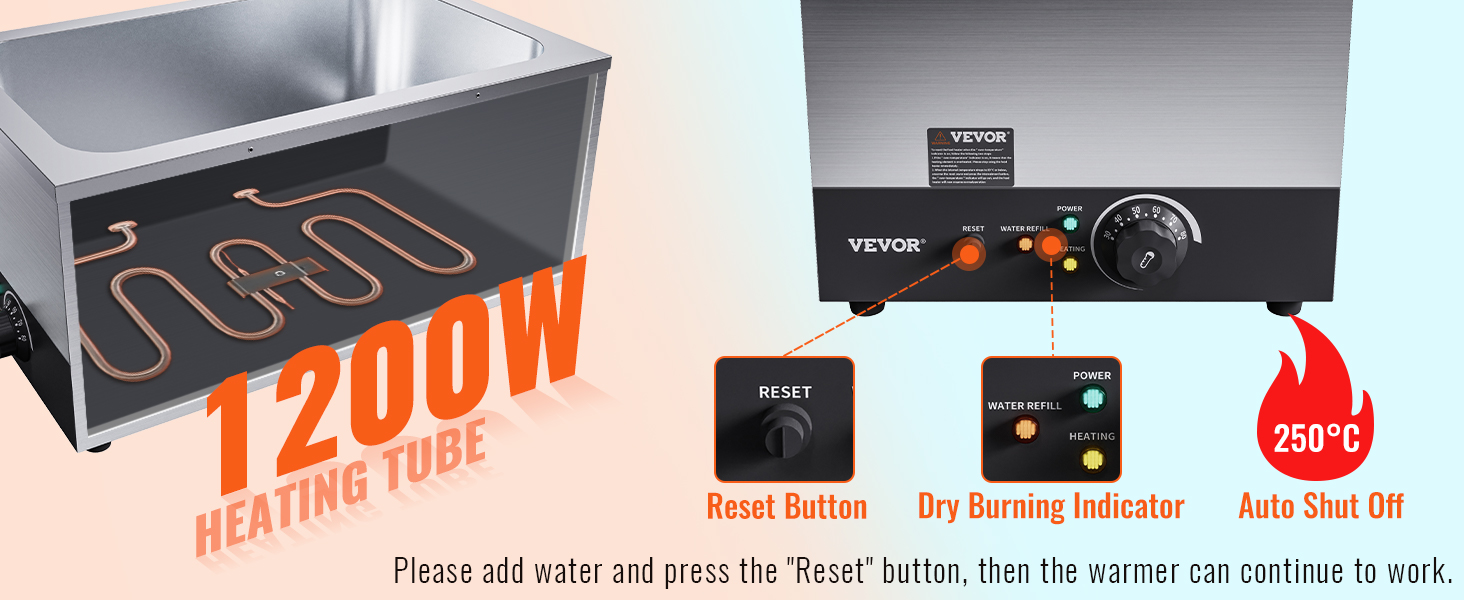 VEVOR commercial food warmer with 1200w heating tube, reset button, dry burning indicator, and auto shut off.