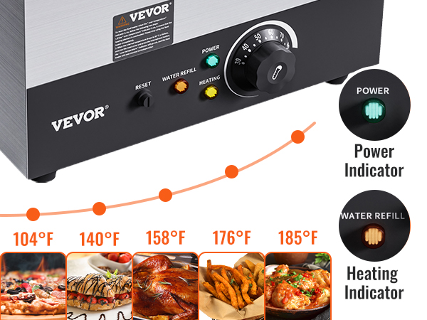 VEVOR commercial food warmer with power and heating indicators, temperature range from 104°f to 185°f.