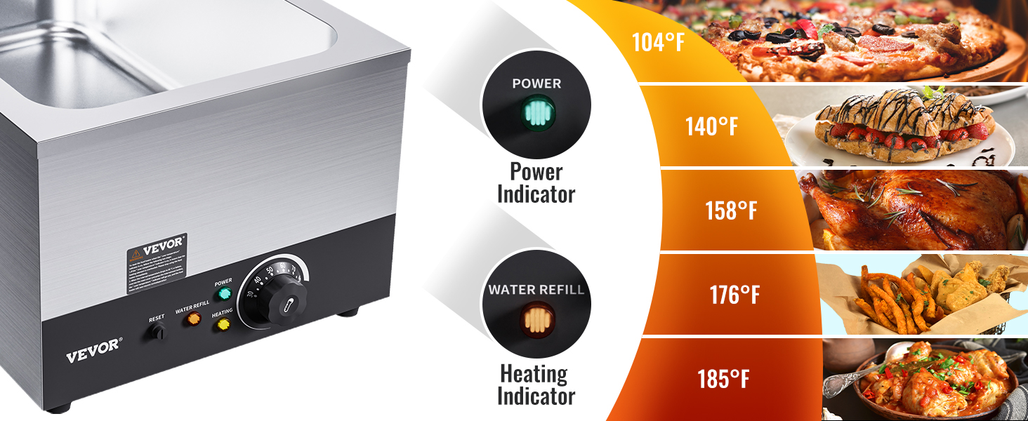 VEVOR commercial food warmer with power and heating indicators, temperature range from 104°f to 185°f.