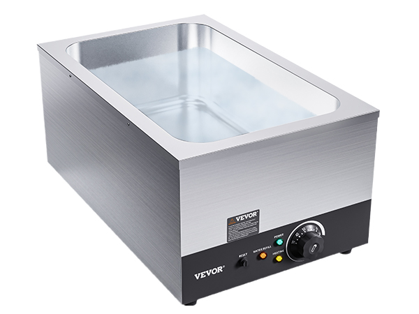 VEVOR commercial food warmer with stainless steel body and adjustable temperature control knob.