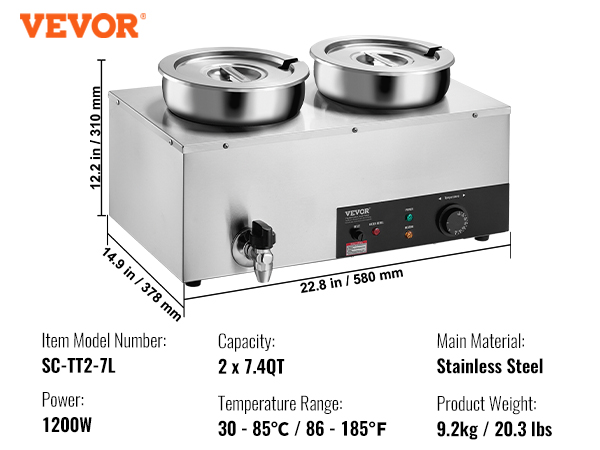 VEVOR electric soup warmer, 1200w, dual 7.4qt capacity, 86-185°f range, 18.6lbs, with soup and perforated ladles.