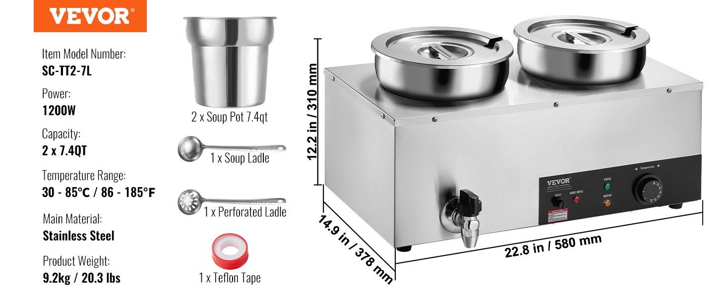VEVOR electric soup warmer, 1200w, dual 7.4qt capacity, 86-185°f range, 18.6lbs, with soup and perforated ladles.