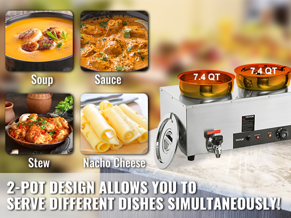 VEVOR electric soup warmer 2-pot design for serving soup, sauce, stew, and nacho cheese simultaneously.