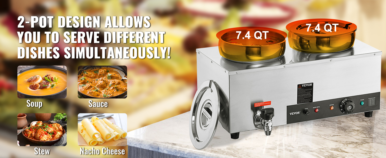 VEVOR electric soup warmer 2-pot design for serving soup, sauce, stew, and nacho cheese simultaneously.