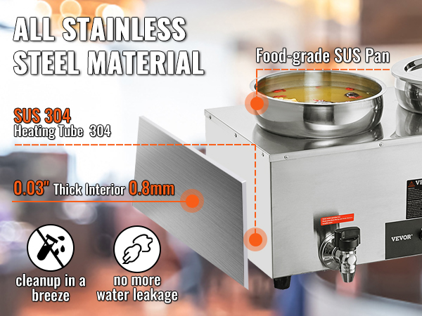 VEVOR electric soup warmer with stainless steel material, food-grade sus pan, and heating control settings.