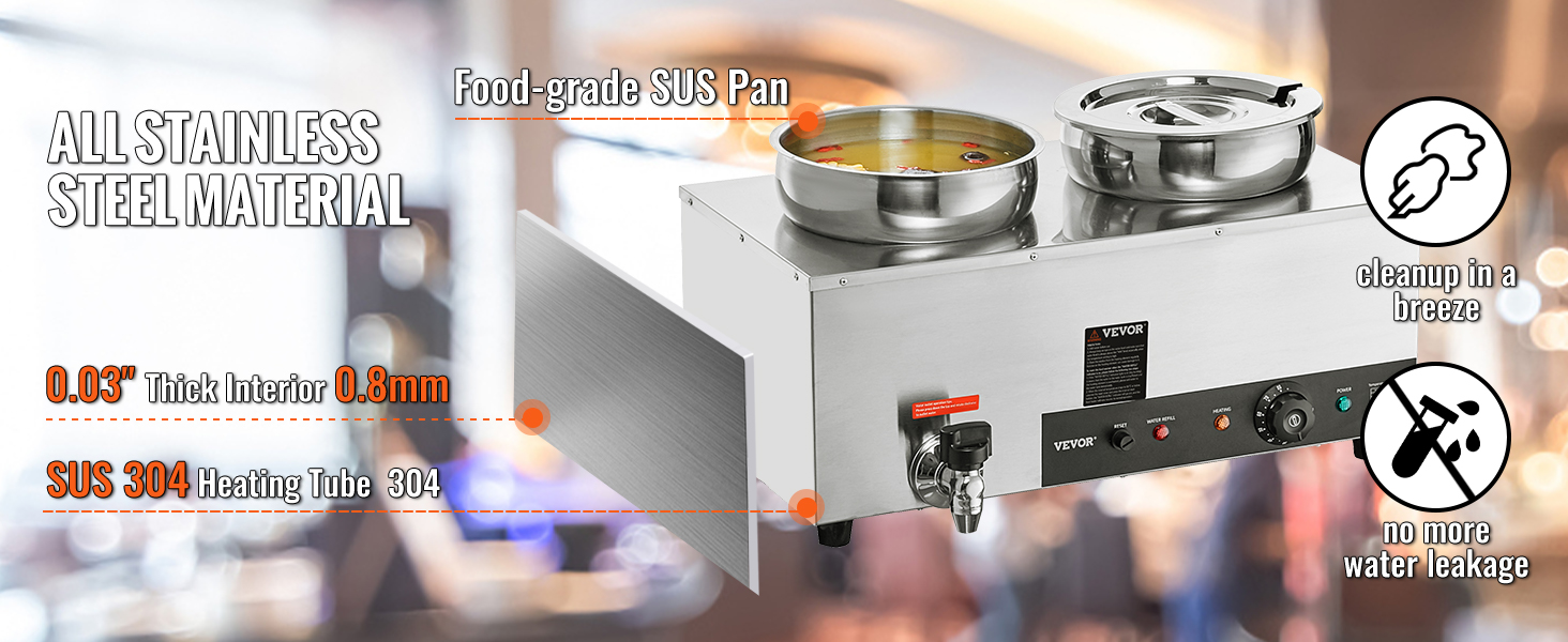 VEVOR electric soup warmer with stainless steel material, food-grade sus pan, and heating control settings.