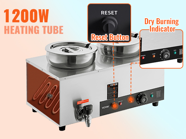 1200w VEVOR electric soup warmer with reset button and dry burning indicator for efficient heating.