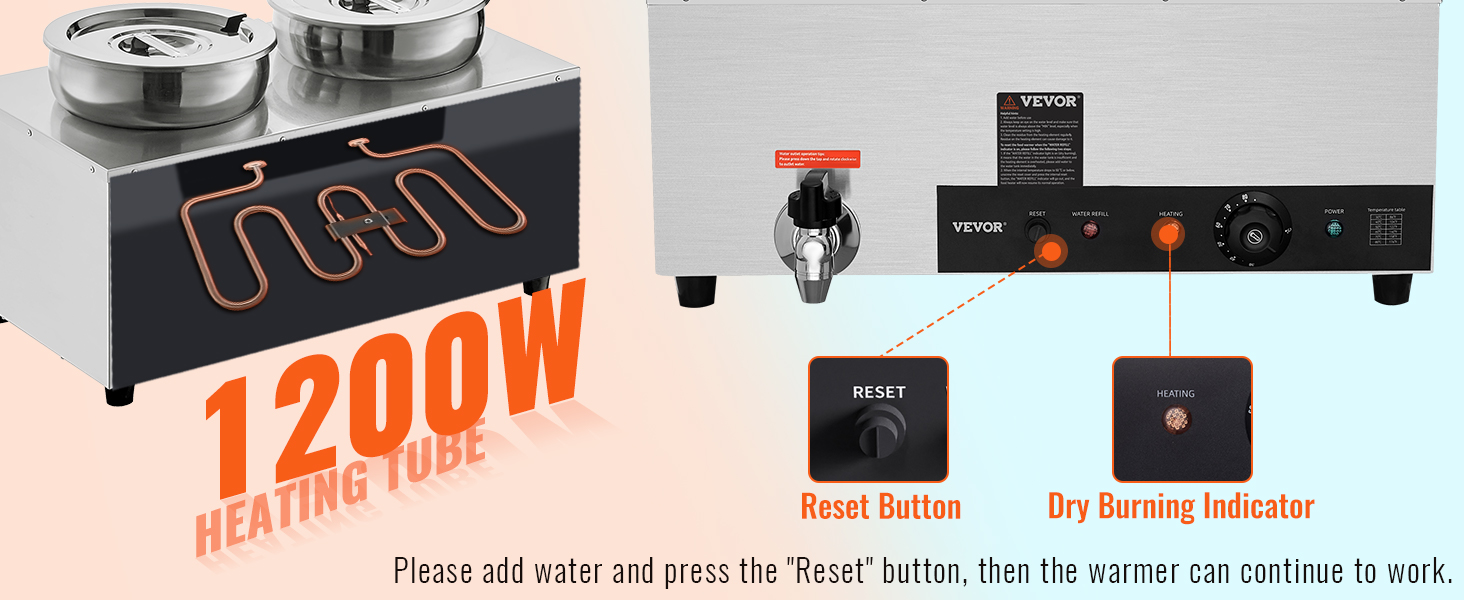 1200w VEVOR electric soup warmer with reset button and dry burning indicator for efficient heating.