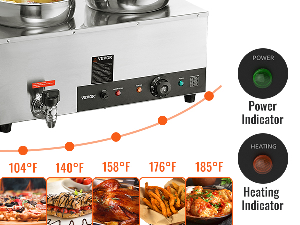 VEVOR electric soup warmer with temperature control, power and heating indicators, and stainless steel pots.