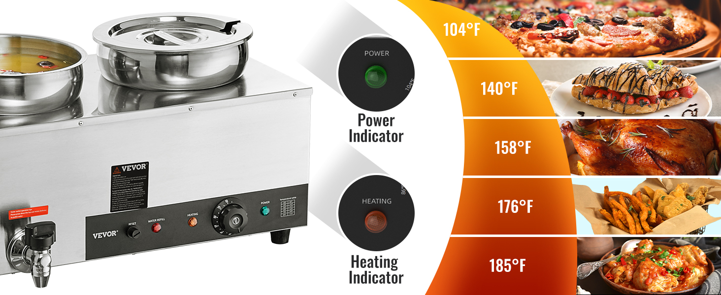 VEVOR electric soup warmer with temperature control, power and heating indicators, and stainless steel pots.