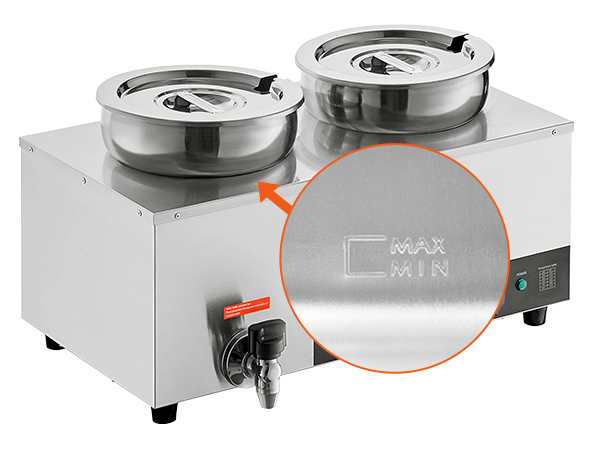 dual-pot VEVOR electric soup warmer with max-min indicator and control valve.