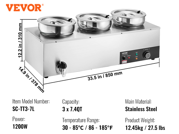 VEVOR electric soup warmer, 1200w, 22.2 qt capacity, 7.4qt*3, 86-185°f temperature range, 25.2 lbs.