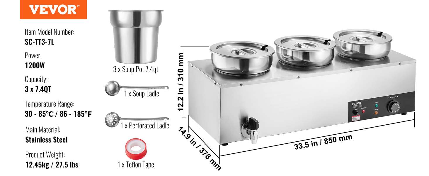 VEVOR electric soup warmer, 1200w, 22.2 qt capacity, 7.4qt*3, 86-185°f temperature range, 25.2 lbs.