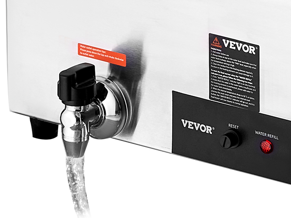 VEVOR electric soup warmer with water faucet, controls, and reset button on stainless steel body.