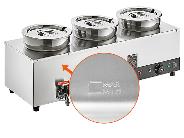 VEVOR electric soup warmer with three stainless steel compartments and max-min water level indicator.