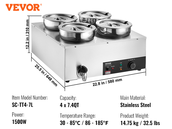 VEVOR electric soup warmer with four 7.4qt pots, 1500w power, temperature range 86-185°f, 580mm width.
