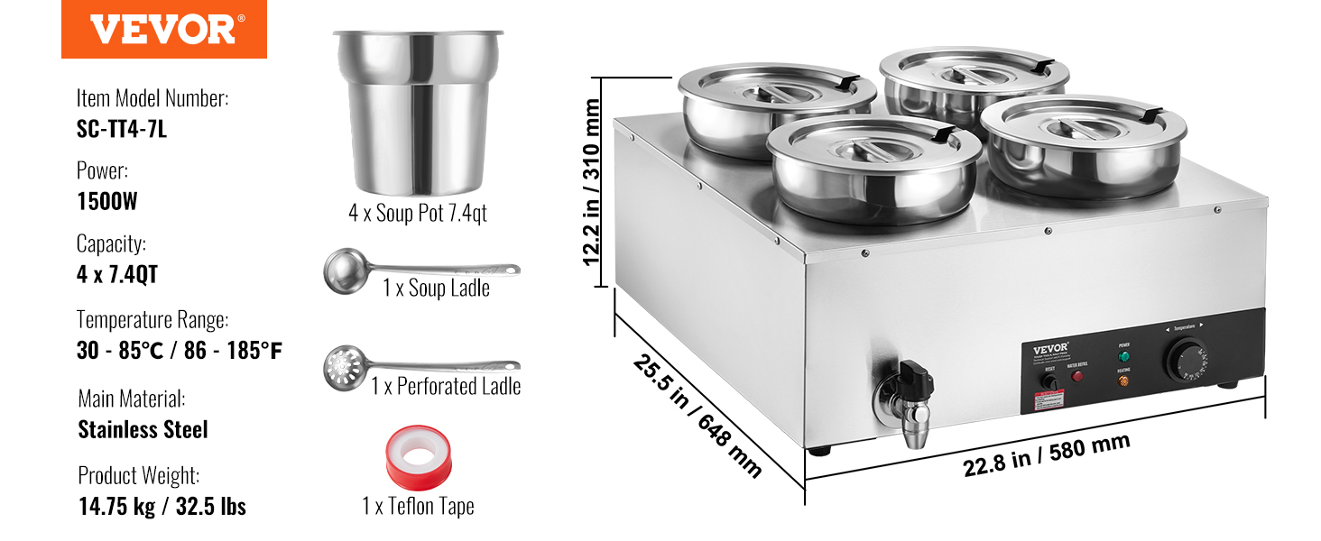 VEVOR electric soup warmer with four 7.4qt pots, 1500w power, temperature range 86-185°f, 580mm width.