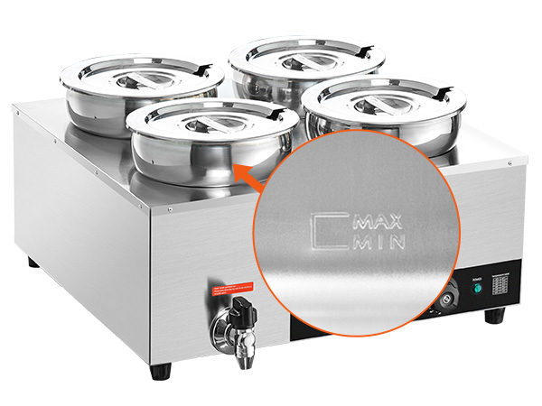 VEVOR electric soup warmer with four stainless steel pots, temperature control knob, and max/min indicator.
