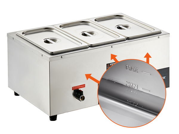 stainless steel VEVOR commercial food warmer with a close-up of water level indicator and heating element.