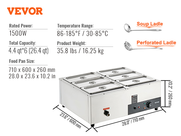 VEVOR commercial food warmer, 4.4 qt*6, 1500w, 86-185°f, 35.8 lbs, 28.0"x23.6"x10.2" dimensions.