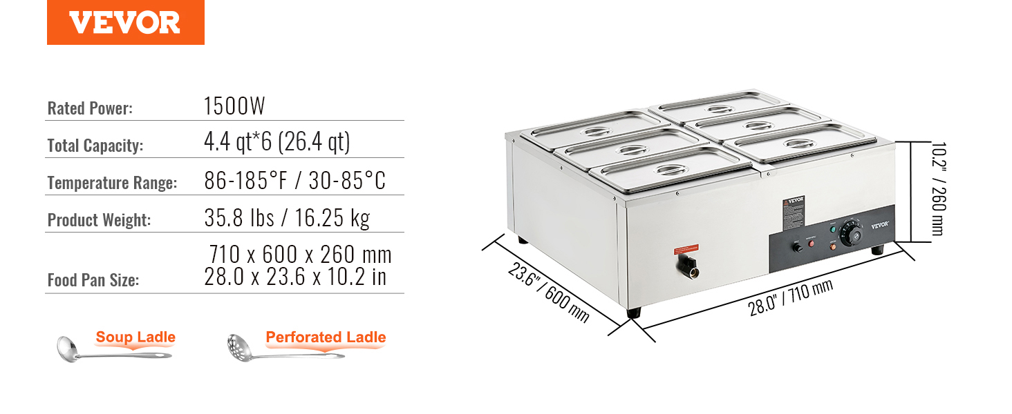 VEVOR commercial food warmer, 4.4 qt*6, 1500w, 86-185°f, 35.8 lbs, 28.0"x23.6"x10.2" dimensions.