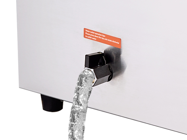 water pouring from the black spout of a VEVOR commercial food warmer.