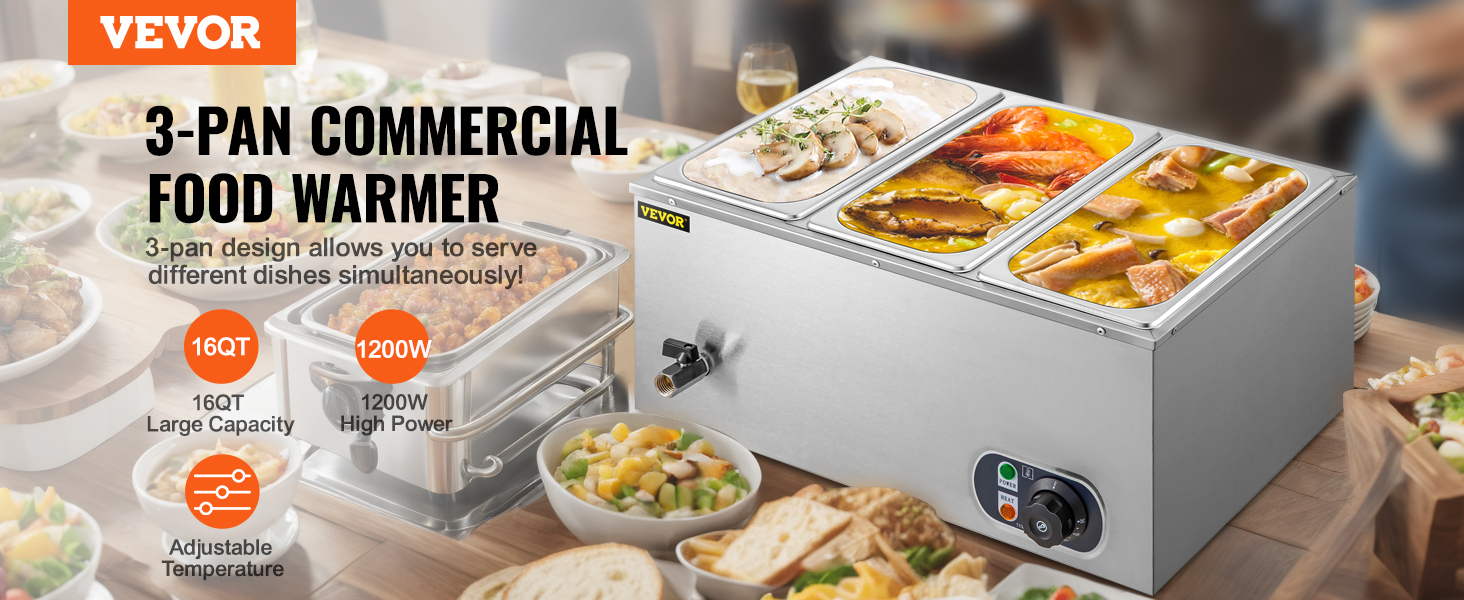 VEVOR commercial food warmer with 3 pans for large capacity and adjustable temperature.