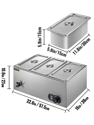 VEVOR commercial food warmer with three removable trays and dimensions displayed.
