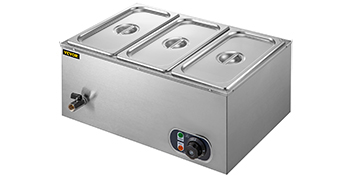 stainless steel VEVOR commercial food warmer with three compartments and control panel.