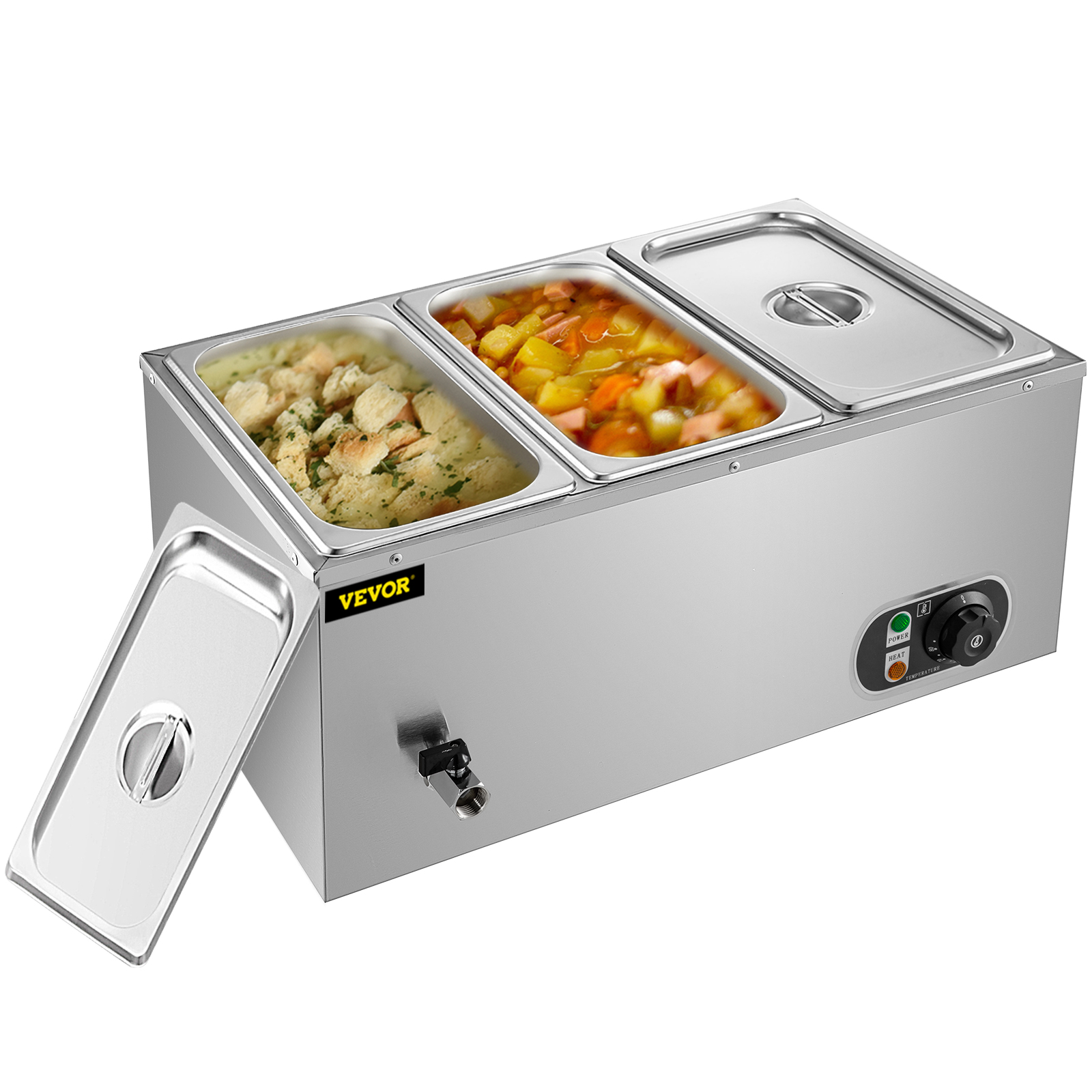 VEVOR commercial food warmer with three compartments and temperature control.