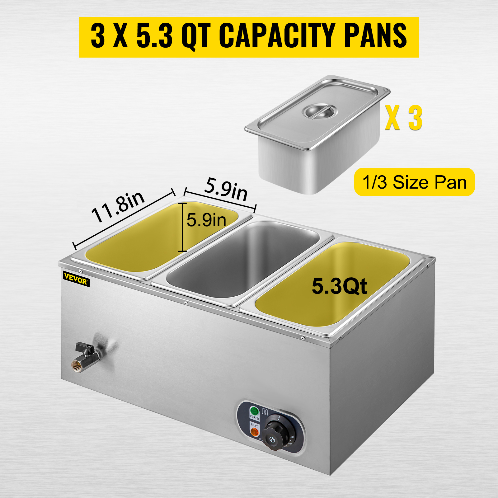 VEVOR commercial food warmer, three 5.3 qt capacity pans, 1/3 size pan.