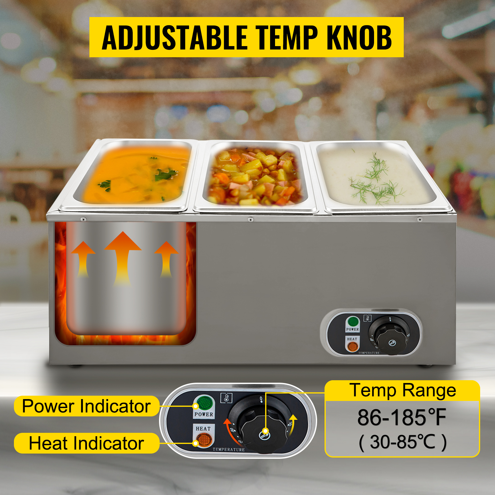 VEVOR commercial food warmer with adjustable temp knob, power & heat indicators.