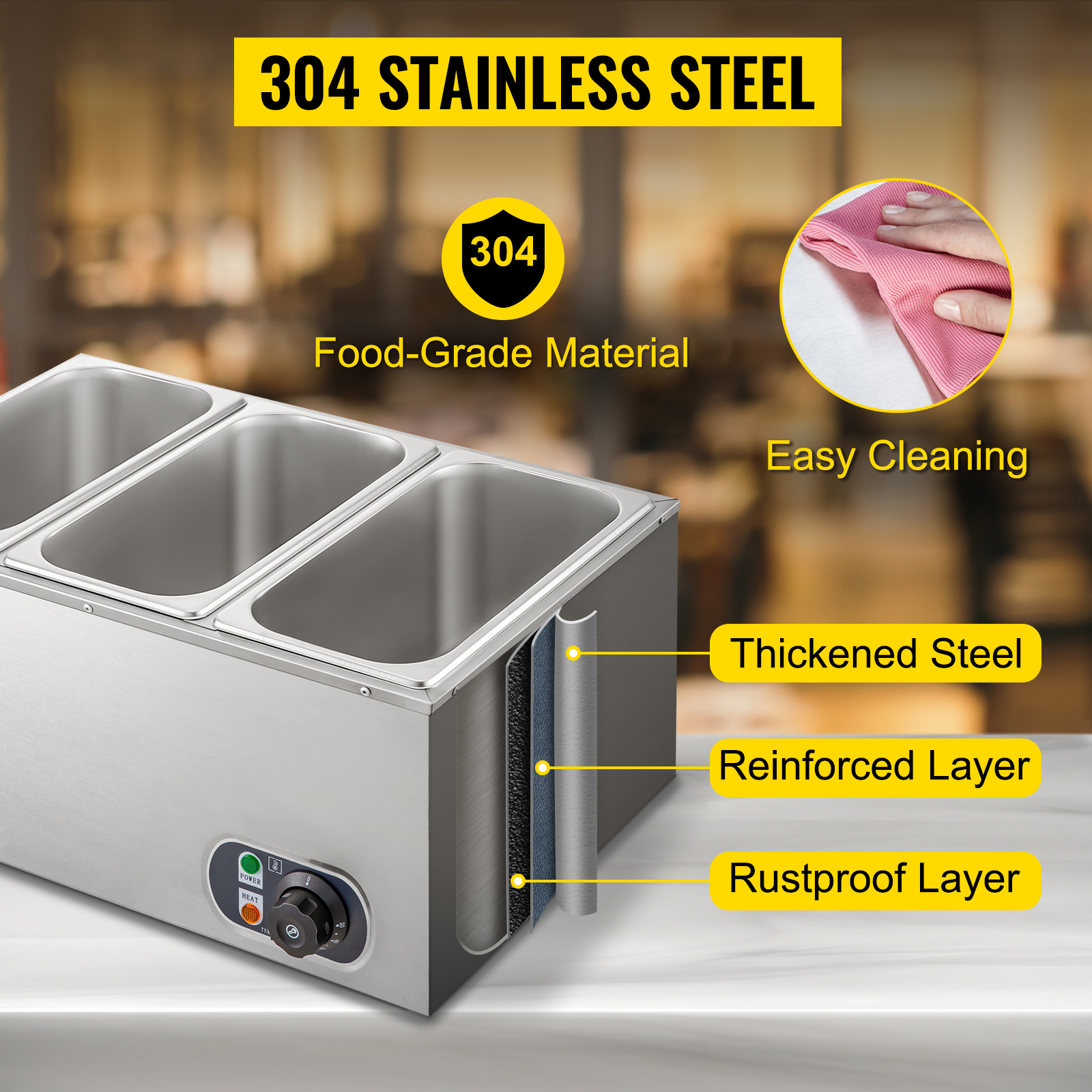 VEVOR commercial food warmer in 304 stainless steel, reinforced and rustproof layers.