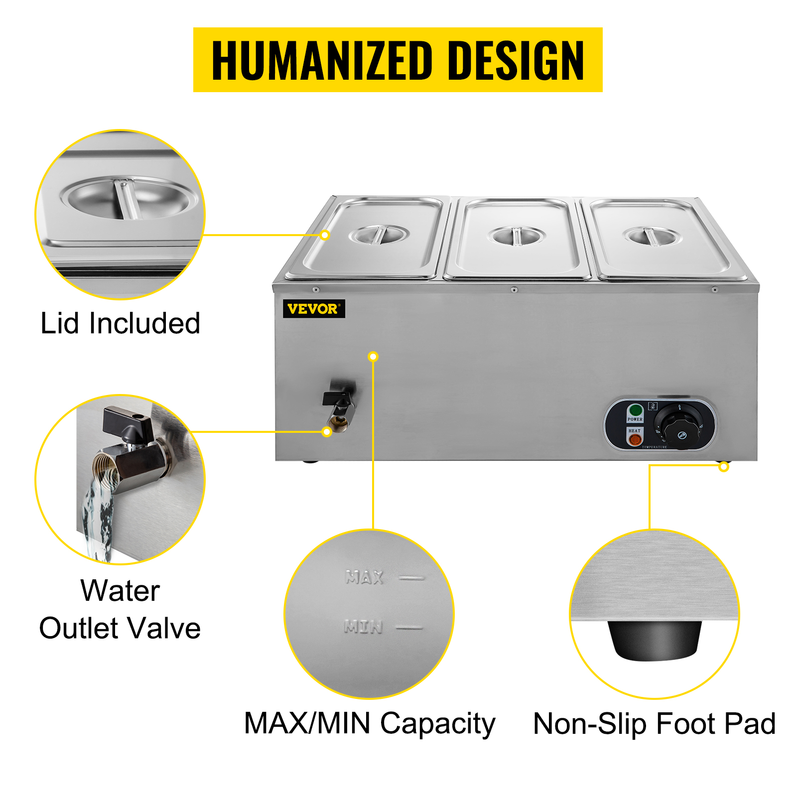 VEVOR commercial food warmer with lids, water outlet valve, and non-slip foot pad.