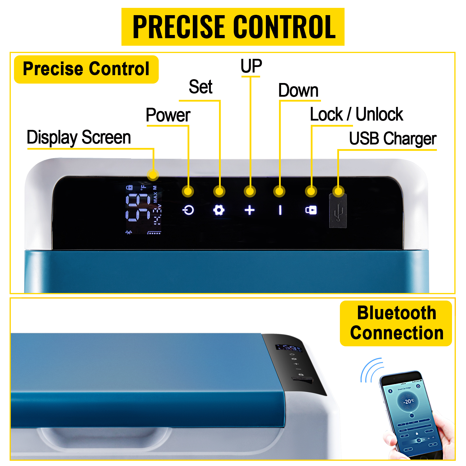 VEVOR portatīvā ledusskapja vadības panelis ar displeja ekrānu un Bluetooth savienojumu.