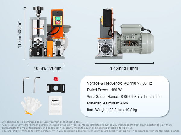 VEVOR wire stripping machine with specifications, dimensions, tools, and accessories laid out neatly.