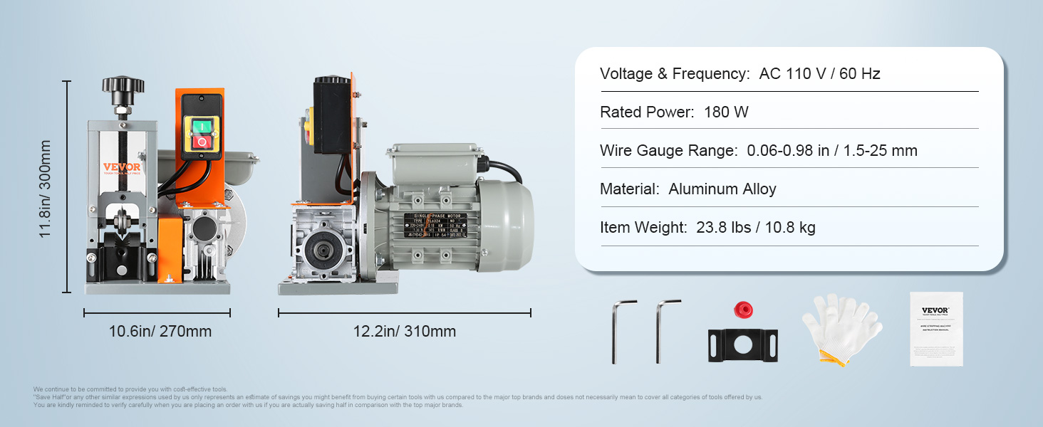 VEVOR wire stripping machine with specifications, dimensions, tools, and accessories laid out neatly.