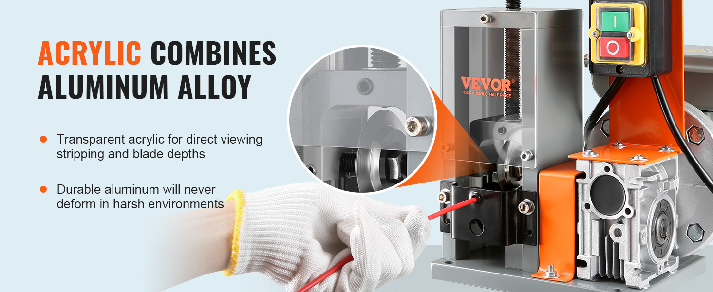 Машина для зачистки проволоки VEVOR из акрила и алюминиевого сплава обеспечивает надежную и точную зачистку проволоки.