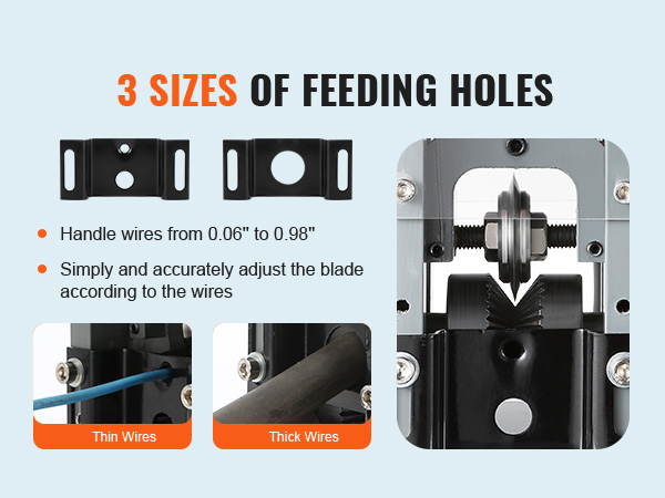 3 размера питающих отверстий на машине для зачистки проволоки VEVOR предназначены для работы с тонкими и толстыми проволоками.
