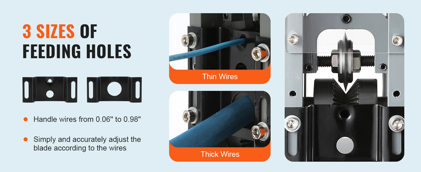 3 размера питающих отверстий на машине для зачистки проволоки VEVOR предназначены для работы с тонкими и толстыми проволоками.