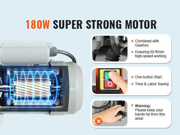 двигатель мощностью 180 Вт в машине для зачистки проводов VEVOR, запуск одной кнопкой, высокоскоростная передача, предупреждение о безопасности.