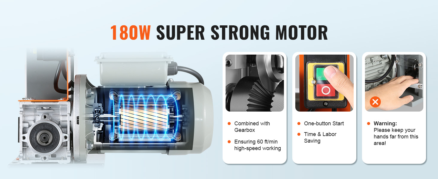 двигатель мощностью 180 Вт в машине для зачистки проводов VEVOR, запуск одной кнопкой, высокоскоростная передача, предупреждение о безопасности.