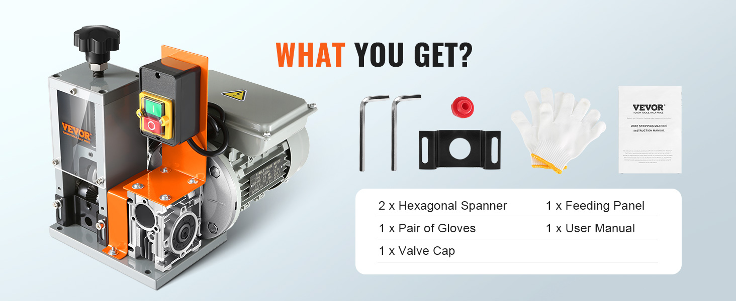 Машина для зачистки проволоки VEVOR с аксессуарами: гаечными ключами, перчатками, колпачком клапана, панелью подачи и руководством пользователя.